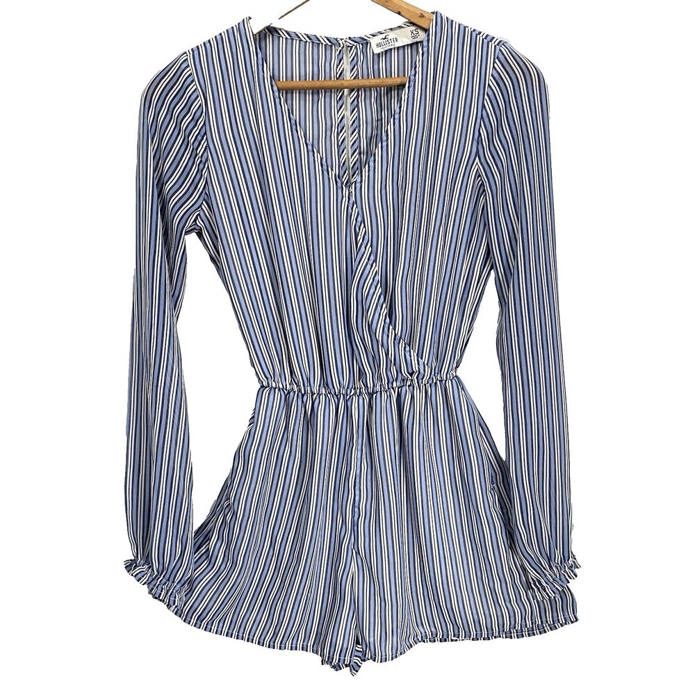 Hollister Striped Romper Womens XS Supplice V-Neck Sheer Long Sleeve Blue White